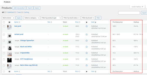 WooCommerce Cost and Markup Columns